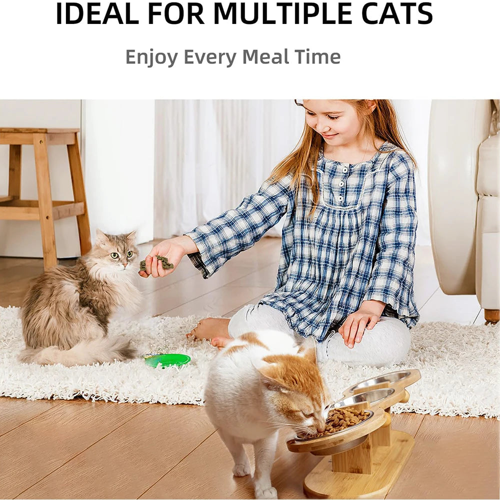 Comedero elevado inclinable para gatos y perros, comedero de madera con tres compartimentos y soporte, 3 cuencos de acero inoxidable para gatos, cachorros y perros pequeños.