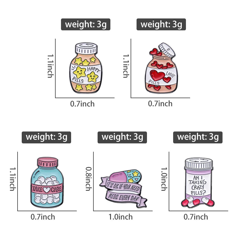 Broches de frascos de medicina de dibujos animados, lindos broches personalizados para abrigos, sombreros, solapas, ropa, joyería para médicos y enfermeras, regalo, insignia de hospital, metal al por mayor