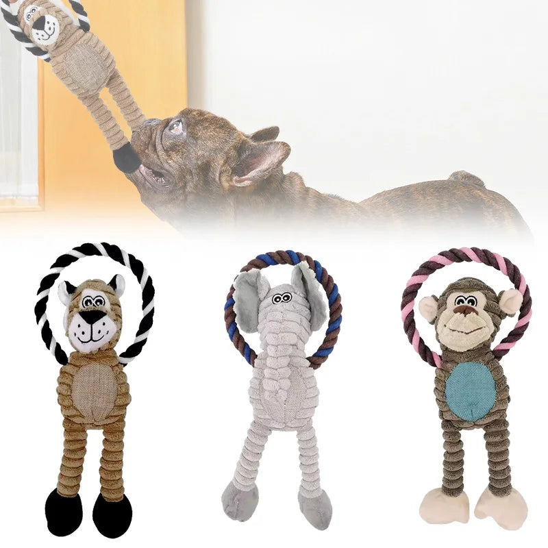 Juguetes de peluche para perros, juguetes de animales con sonido, juguetes masticables con forma de león, elefante y mono para mascotas, juguete interactivo para la limpieza dental, entrenamiento para mascotas, antimordeduras.