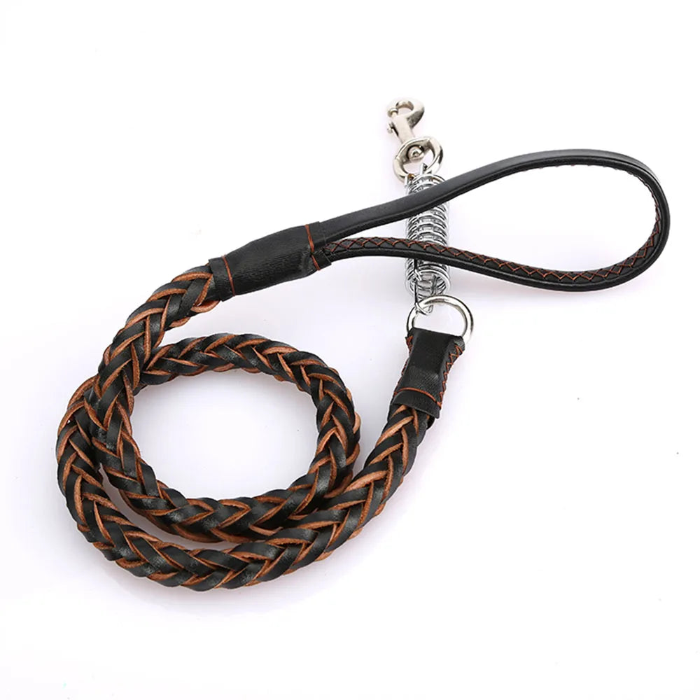 Correa de cuero para perros grandes. Correa de cuero trenzado resistente con resorte amortiguador. Cuerda de tracción para mascotas.