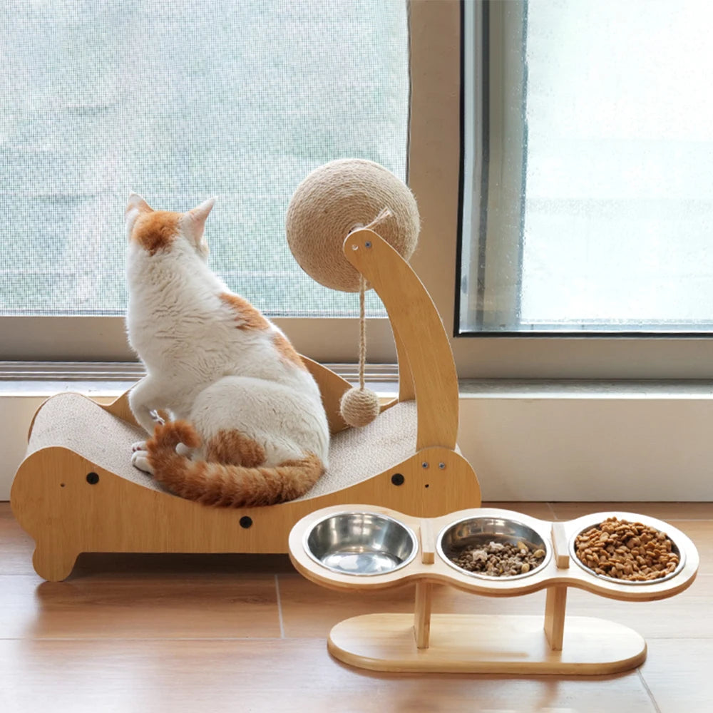 Comedero elevado inclinable para gatos y perros, comedero de madera con tres compartimentos y soporte, 3 cuencos de acero inoxidable para gatos, cachorros y perros pequeños.
