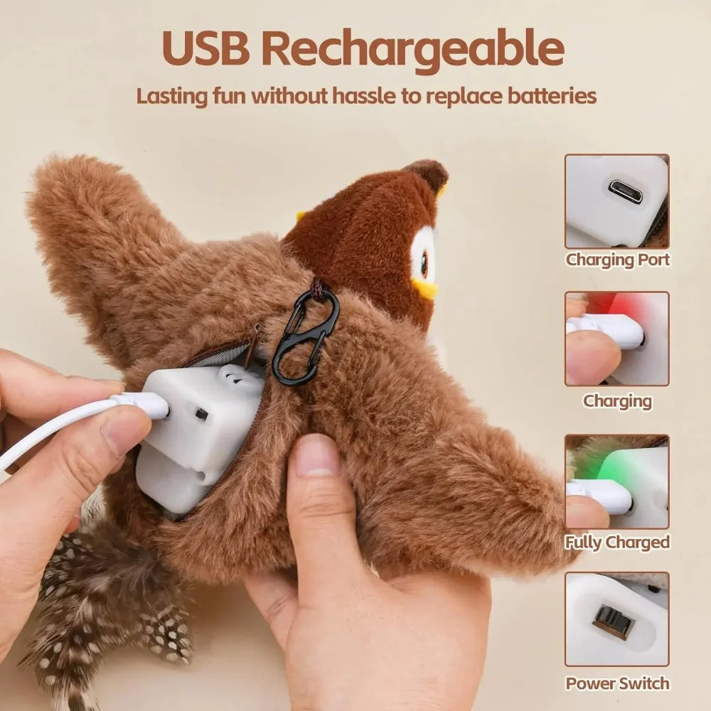 Juguete interactivo para gatos Pet Swing Sparrow, recargable por USB, que emite sonidos y aleteos (no vuela) y contiene hierba gatera. Ideal para gatos de interior.