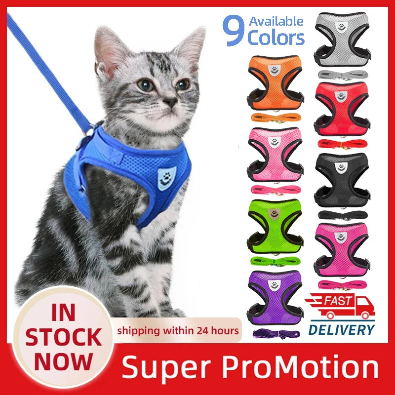 Arnés para gatos, chaleco, correa para pasear, collar para cachorros, collar de poliéster, arnés de malla ajustable para perros, accesorios para mascotas pequeñas y medianas