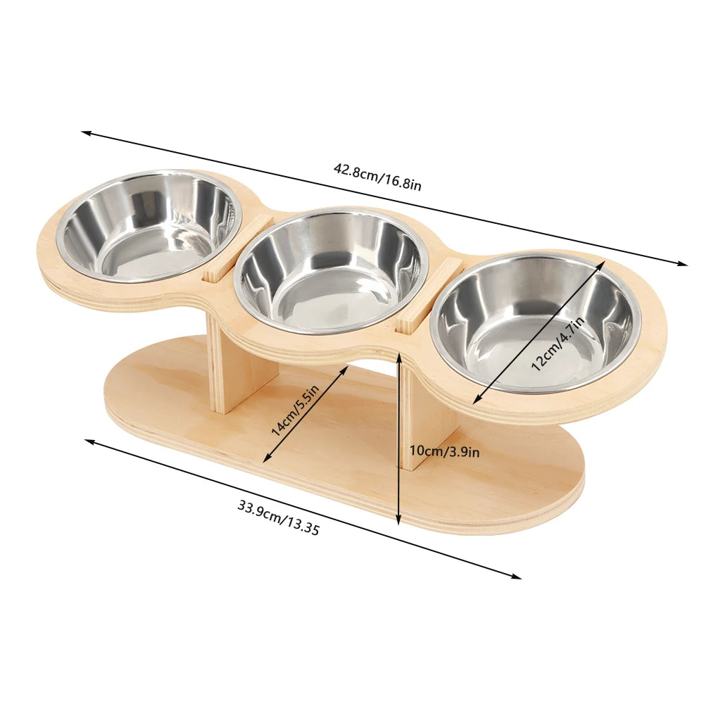 Comedero elevado inclinable para gatos y perros, comedero de madera con tres compartimentos y soporte, 3 cuencos de acero inoxidable para gatos, cachorros y perros pequeños.