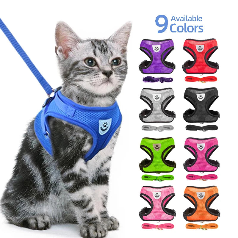 Arnés para gatos, chaleco, correa para pasear, collar para cachorros, collar de poliéster, arnés de malla ajustable para perros, accesorios para mascotas pequeñas y medianas