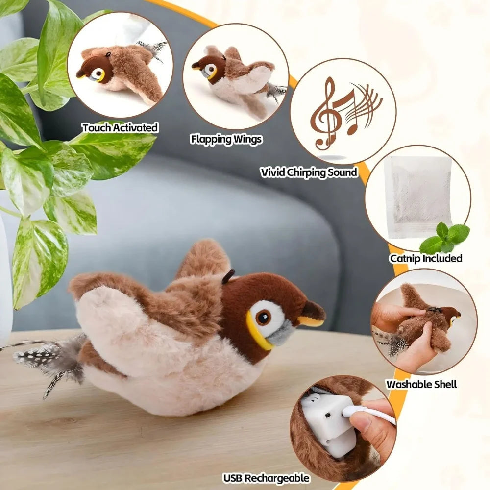 Juguete interactivo para gatos Pet Swing Sparrow, recargable por USB, que emite sonidos y aleteos (no vuela) y contiene hierba gatera. Ideal para gatos de interior.