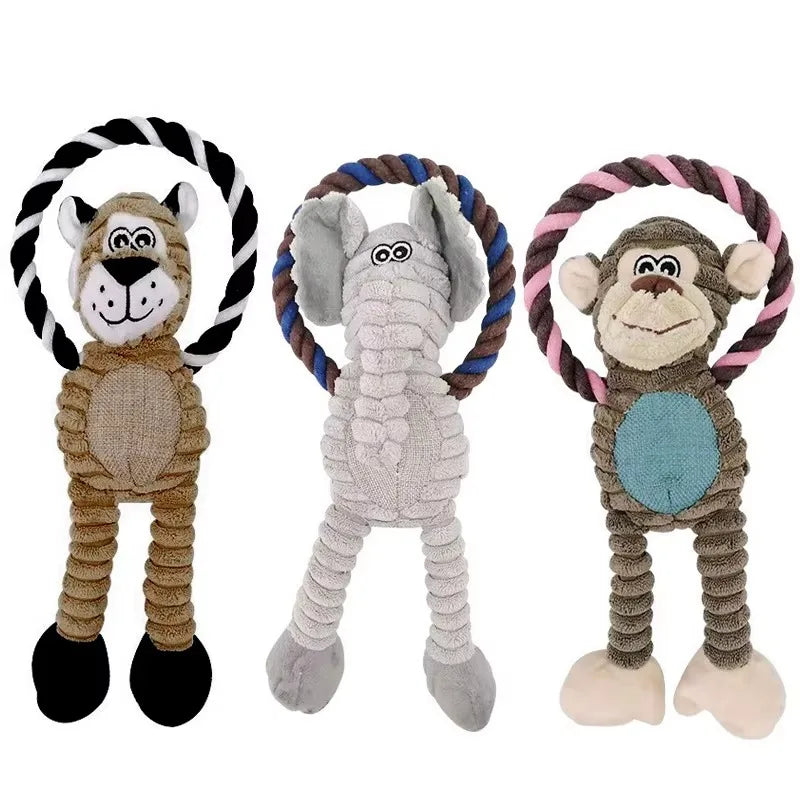 Juguetes de peluche para perros, juguetes de animales con sonido, juguetes masticables con forma de león, elefante y mono para mascotas, juguete interactivo para la limpieza dental, entrenamiento para mascotas, antimordeduras.