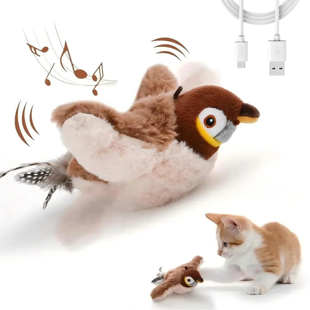 Juguete interactivo para gatos Pet Swing Sparrow, recargable por USB, que emite sonidos y aleteos (no vuela) y contiene hierba gatera. Ideal para gatos de interior.