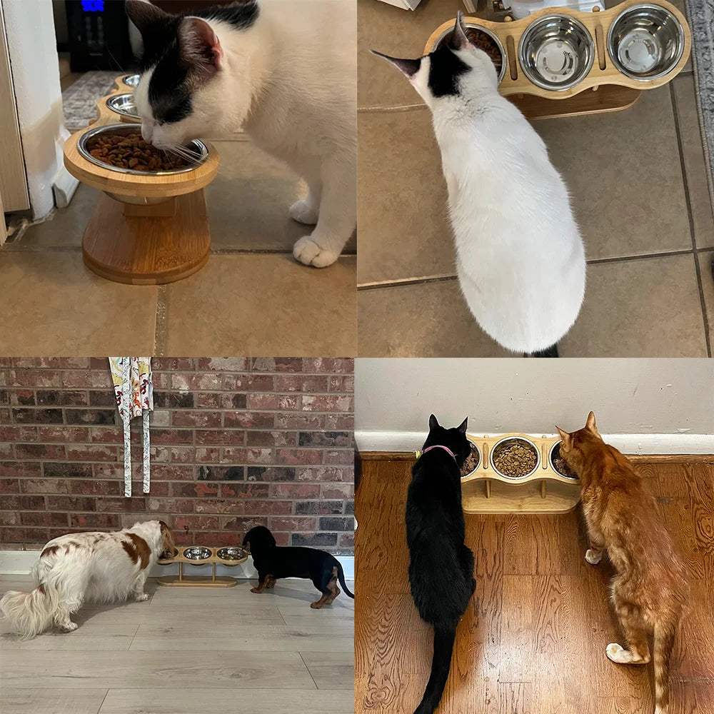 Comedero elevado inclinable para gatos y perros, comedero de madera con tres compartimentos y soporte, 3 cuencos de acero inoxidable para gatos, cachorros y perros pequeños.