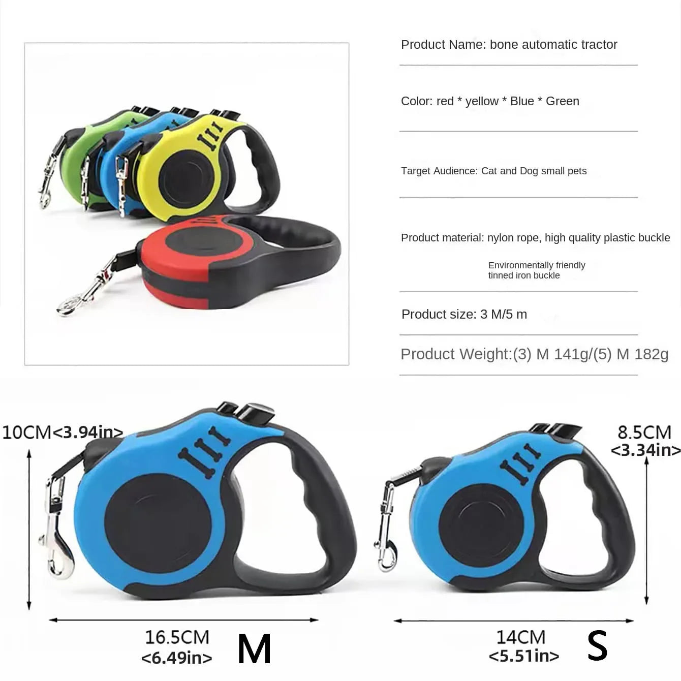 Correa para perros de 3 m y 5 m, resistente, de nailon, para cachorros, perros pequeños, medianos y grandes, gatos, retráctil automática, duradera, Yorkshire Pet Supplies.