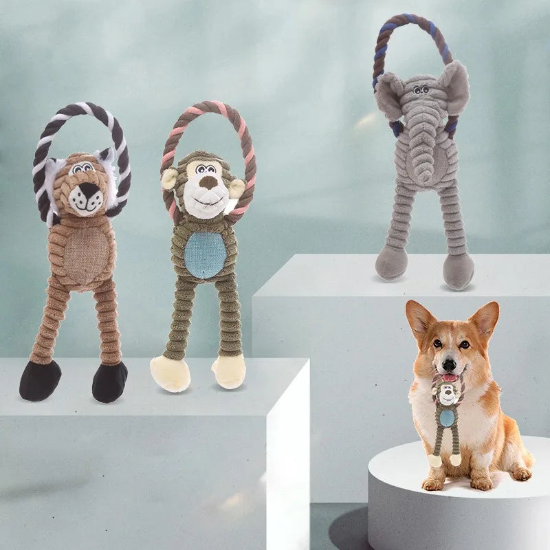 Juguetes de peluche para perros, juguetes de animales con sonido, juguetes masticables con forma de león, elefante y mono para mascotas, juguete interactivo para la limpieza dental, entrenamiento para mascotas, antimordeduras.