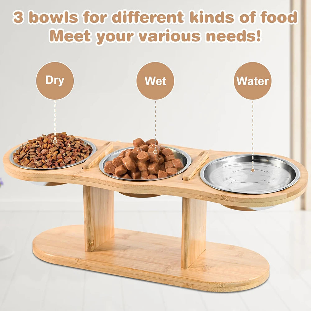 Comedero elevado inclinable para gatos y perros, comedero de madera con tres compartimentos y soporte, 3 cuencos de acero inoxidable para gatos, cachorros y perros pequeños.