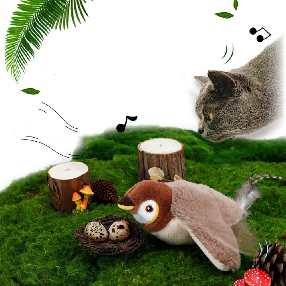 Juguete interactivo para gatos Pet Swing Sparrow, recargable por USB, que emite sonidos y aleteos (no vuela) y contiene hierba gatera. Ideal para gatos de interior.