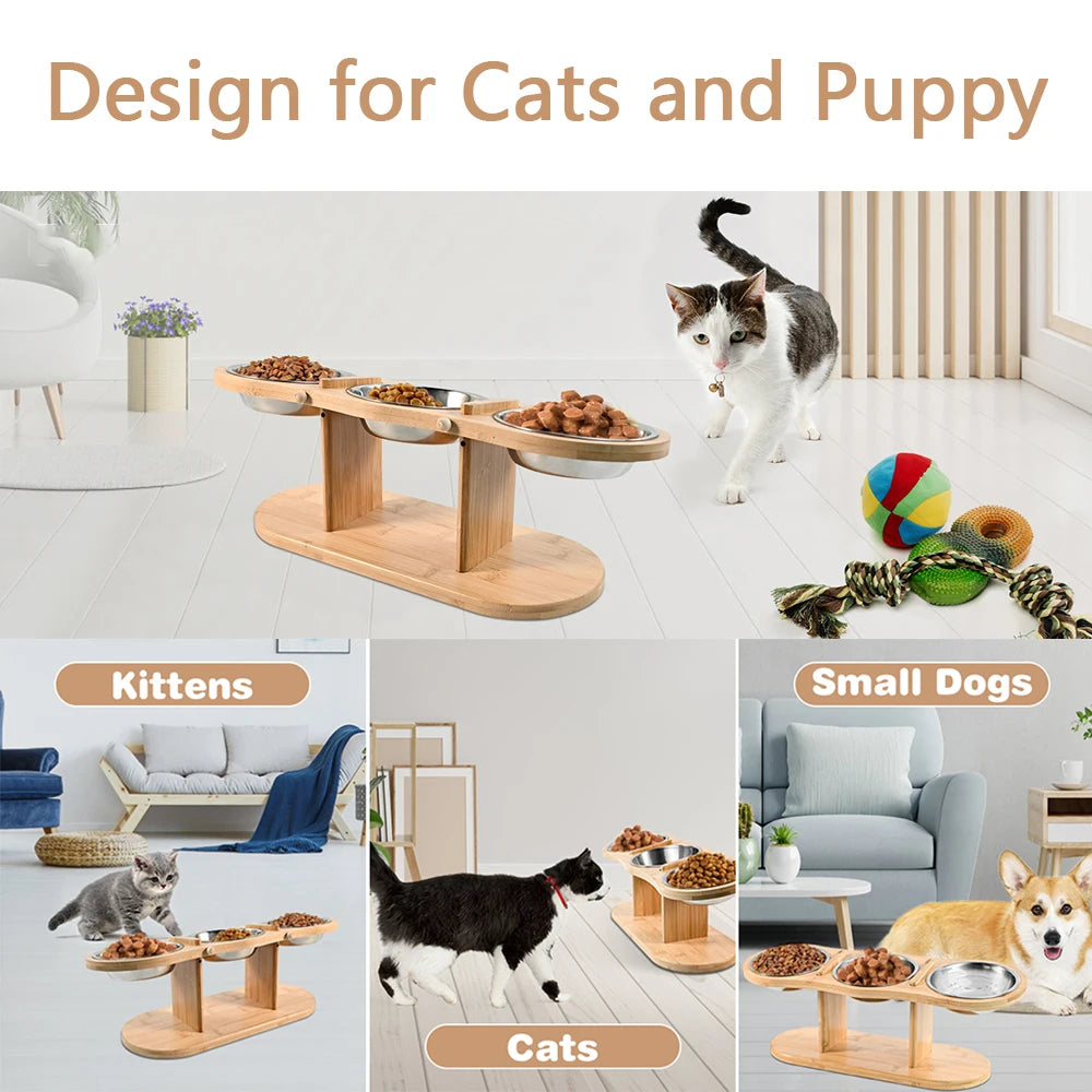 Comedero elevado inclinable para gatos y perros, comedero de madera con tres compartimentos y soporte, 3 cuencos de acero inoxidable para gatos, cachorros y perros pequeños.
