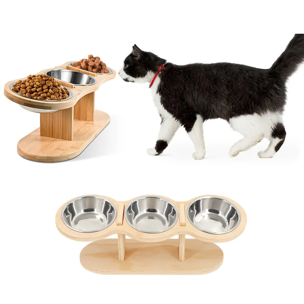 Comedero elevado inclinable para gatos y perros, comedero de madera con tres compartimentos y soporte, 3 cuencos de acero inoxidable para gatos, cachorros y perros pequeños.