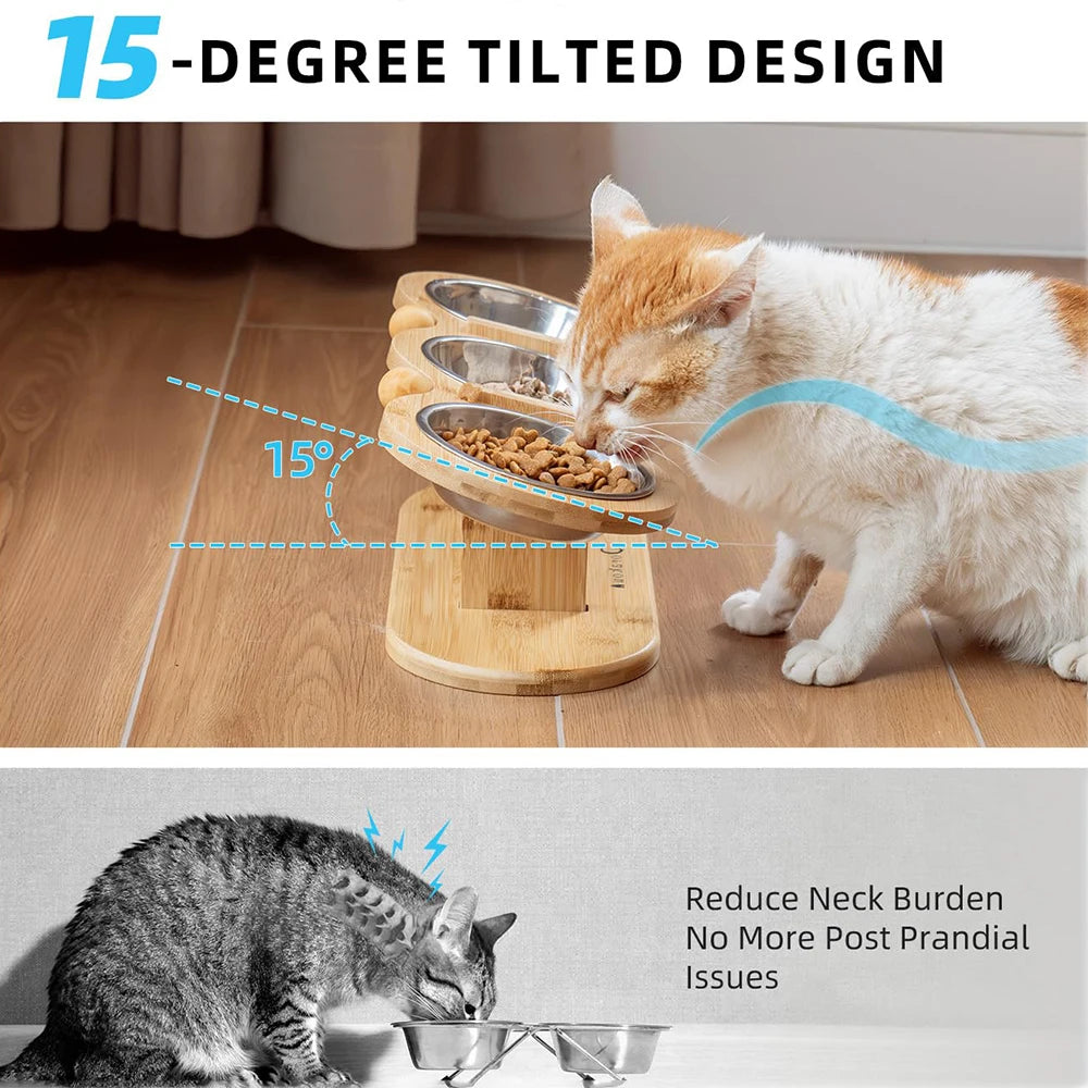 Comedero elevado inclinable para gatos y perros, comedero de madera con tres compartimentos y soporte, 3 cuencos de acero inoxidable para gatos, cachorros y perros pequeños.