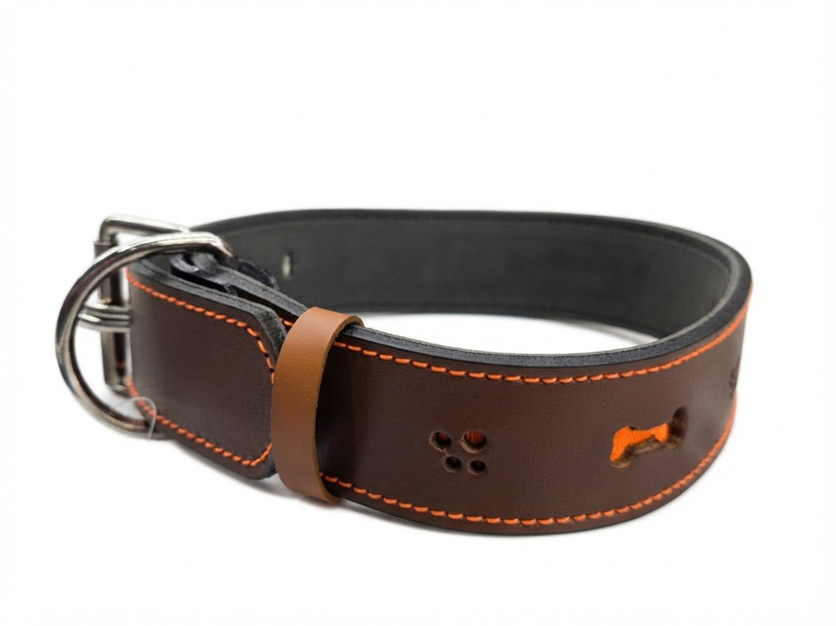 Correa Collar Perro Cuero Troquelado Huellas y Huesito 67.5cm Largo 5cm Ancho Perro Grande