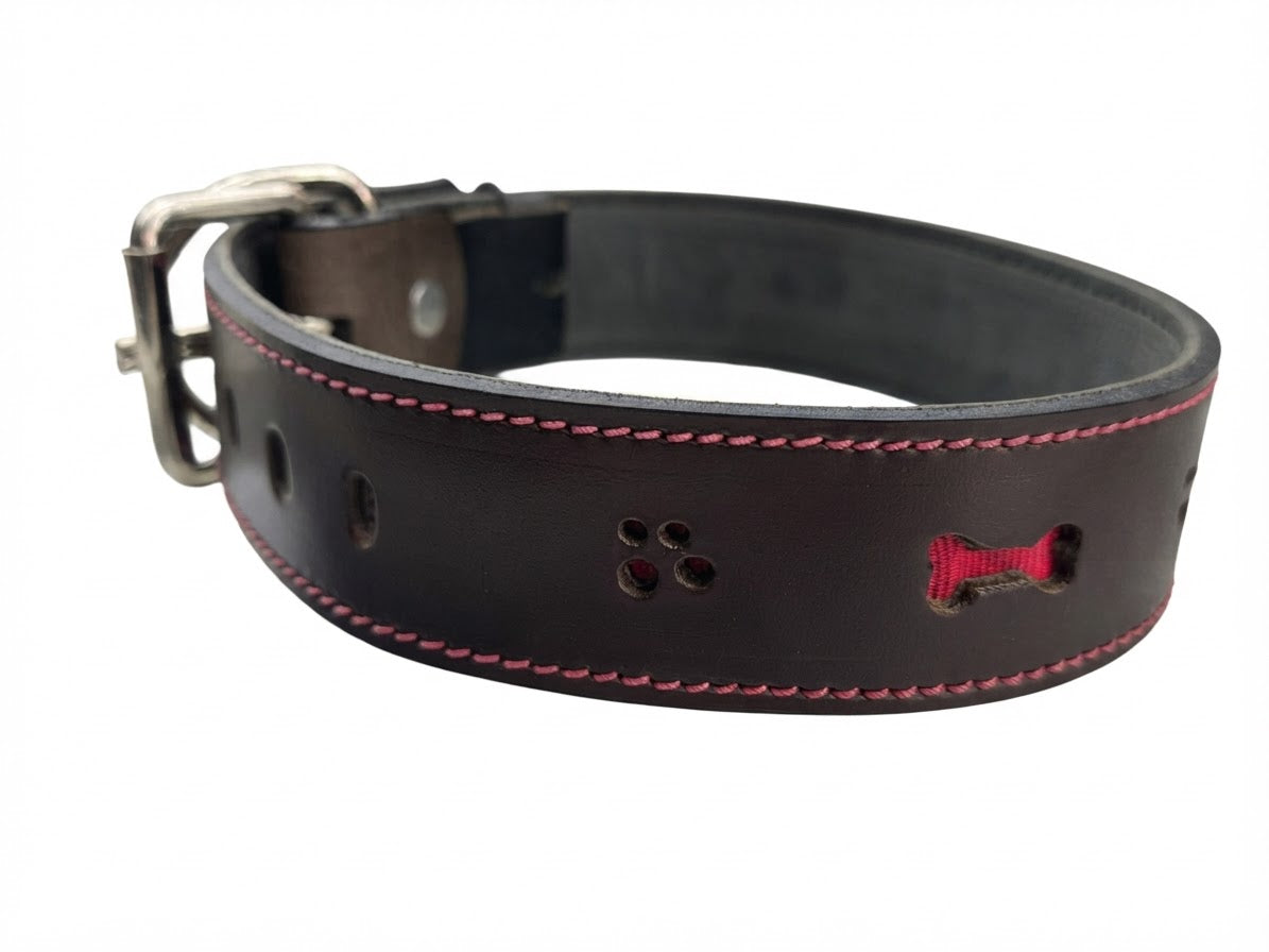 Correa Collar Perro Cuero Troquelado Huellas y Huesito 67.5cm Largo 5cm Ancho Perro Grande