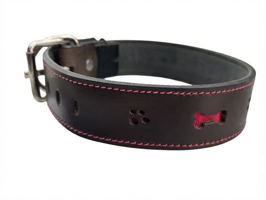 Correa Collar Perro Cuero Troquelado Huellas y Huesito 67.5cm Largo 5cm Ancho Perro Grande